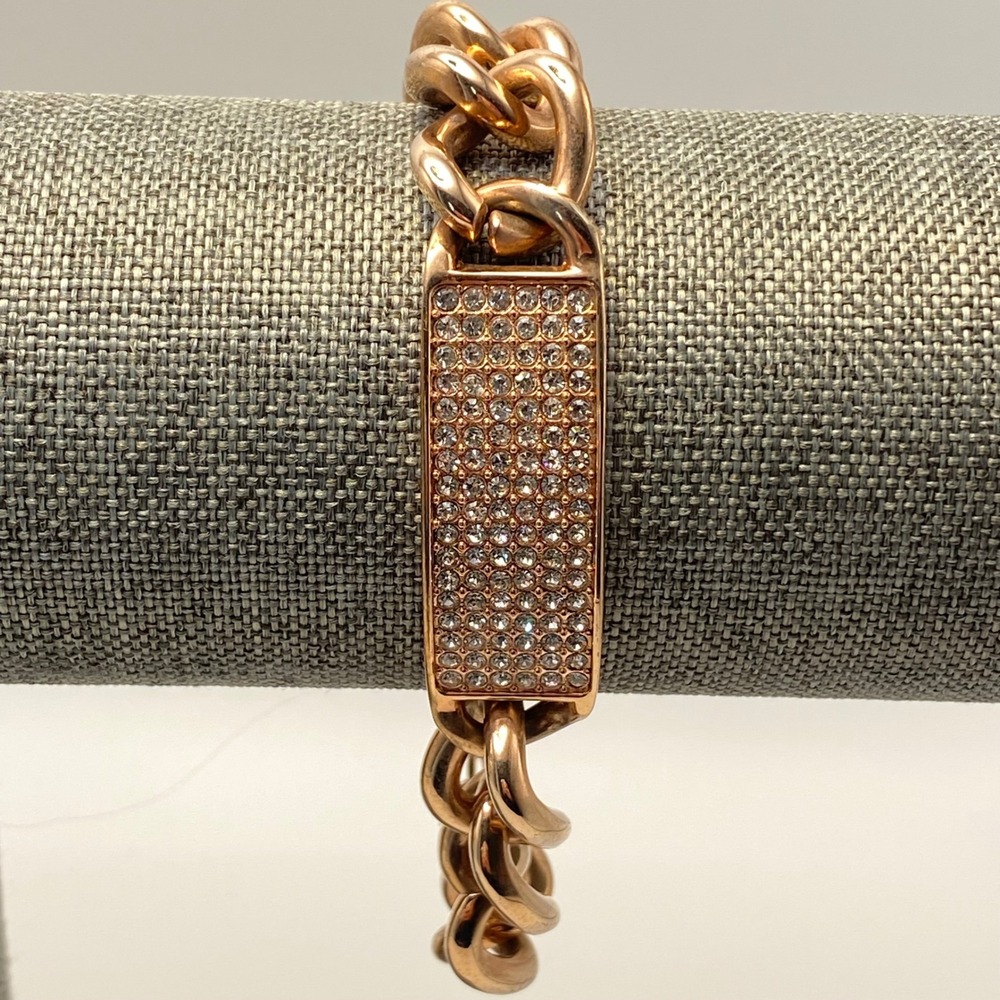 Graziano ID Bracelet Rose Gold Tone Modern Curb Link Statement Pave Crystal 8"